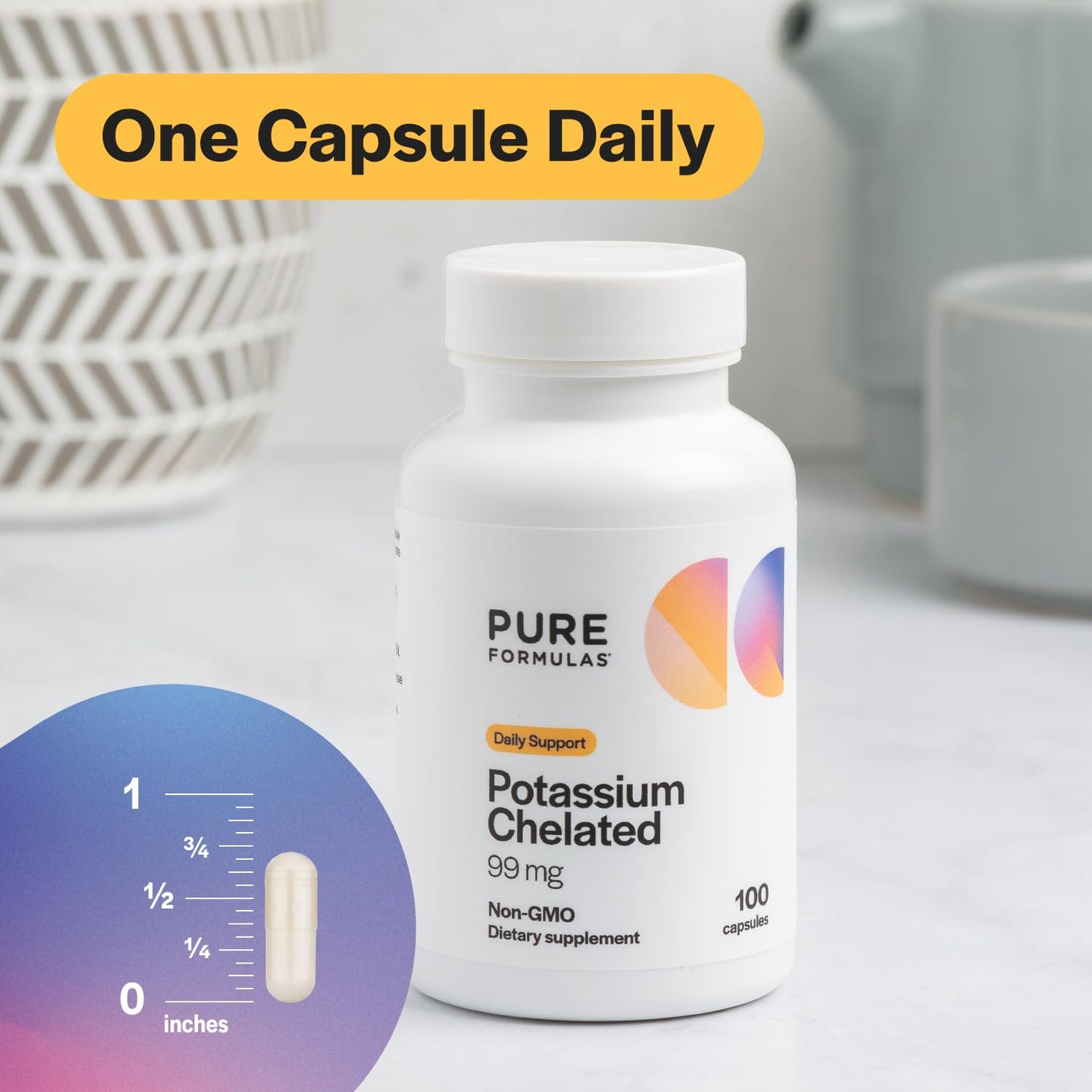 PureFormulas Potassium Supplement Chelated 99 mg Highly Absorbable Pure Potassium Formula for Energy, Nerve, Muscle, Kidney, Heart, and Skeletal Support, Non-GMO, 100 Vegetarian Capsules