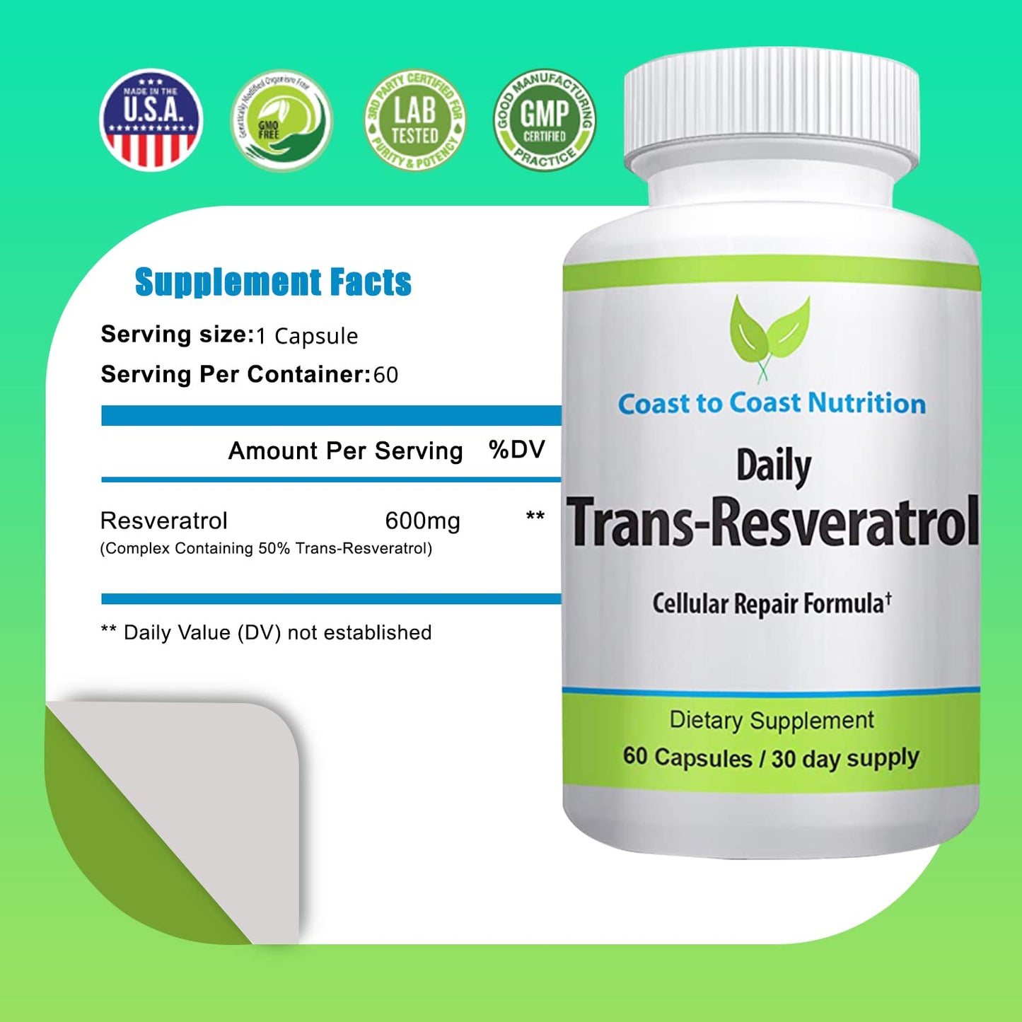 Coast to Coast Nutrition Trans-Resveratrol Supplement Capsules 60 Count