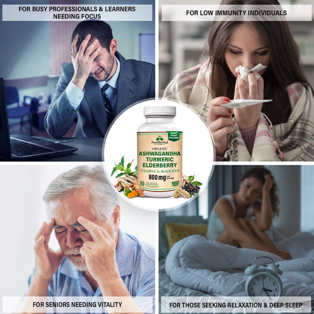 NooHerbal Nature Ashwagandha with Turmeric Curcumin, Elderberry, Vitamin C & Black Seed 800mg Capsule 90 Capsules