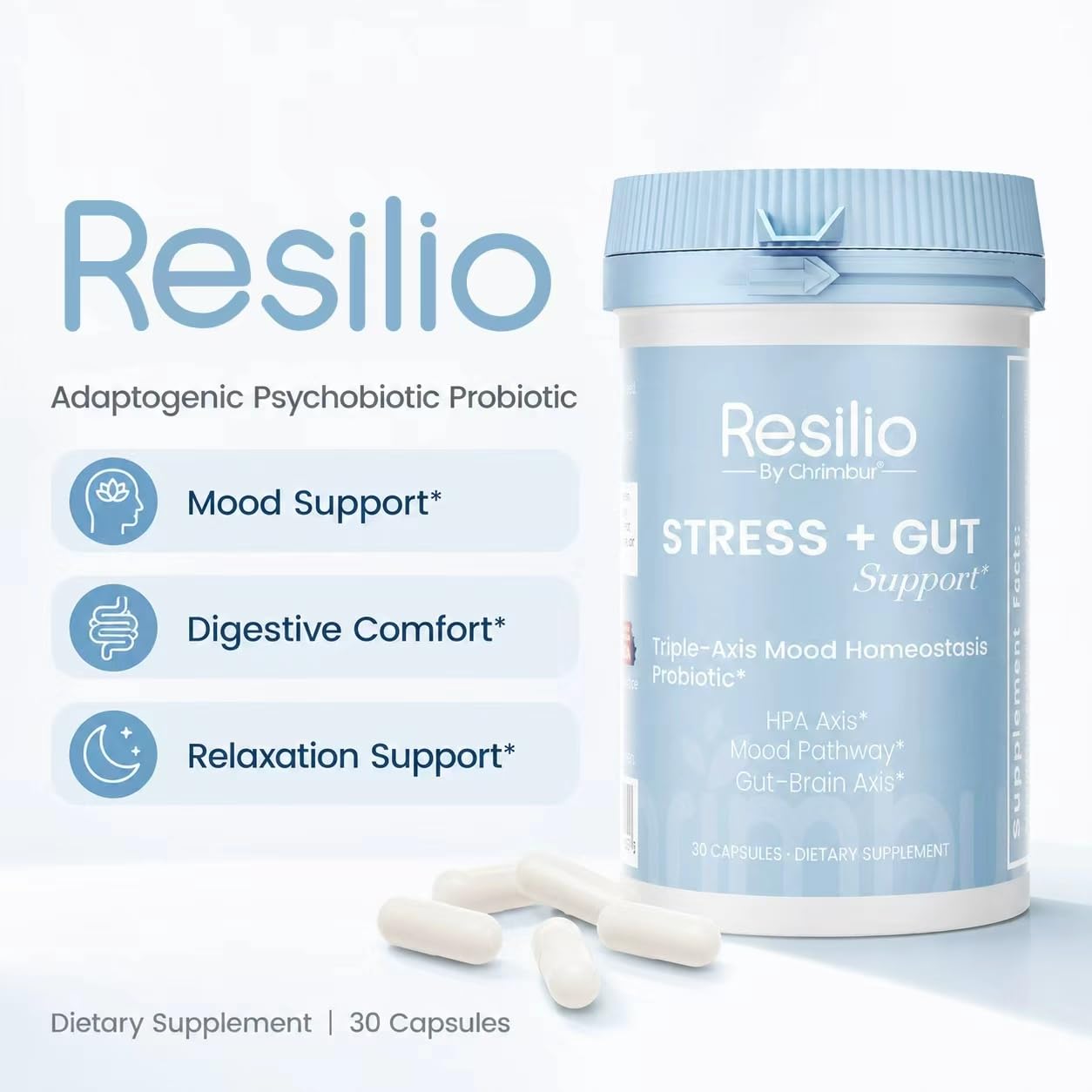 CHRIMBUR Resilio Stress+Gut Support Mood & Stress Probiotic for Women & Men Brain-Gut Axis Formula 30 Capsules