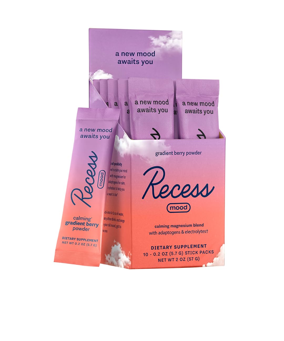 Recess Mood Powder Calming Magnesium L-Threonate Blend with Passion Flower, L-Theanine, Electrolytes, Magnesium Calm Support Supplement, 2 x 0.2 oz