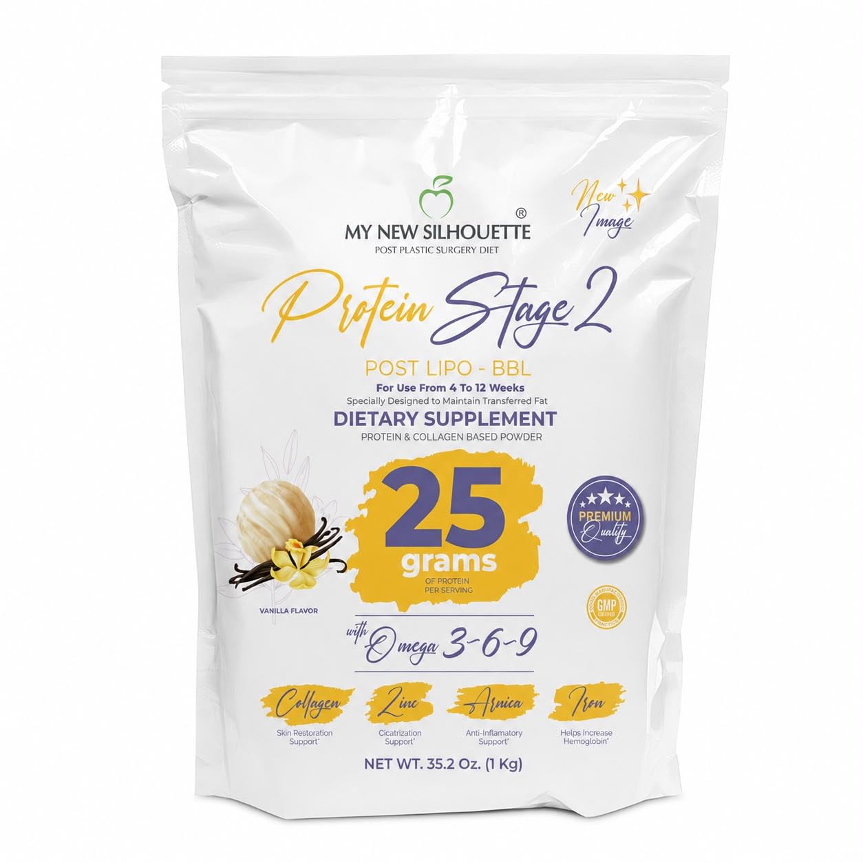 MI NUEVA SILUETA My New Silhouette Stage 2 Isolated Medical-Grade Protein with Omega-3, 6, and 9, 25 g per Serving, Vanilla, Powder, 0.04 Ounce
