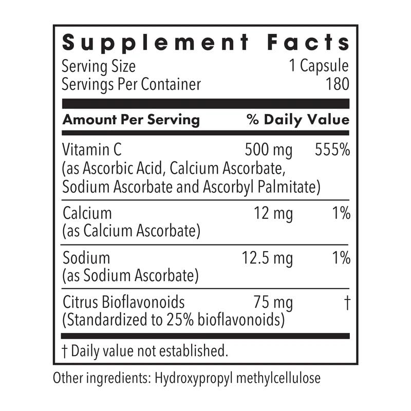 Metabolic Maintenance Vitamin C 500 mg Daily Immune & Antioxidant Support, Low-Acidity & Hypoallergenic, 90 Capsules