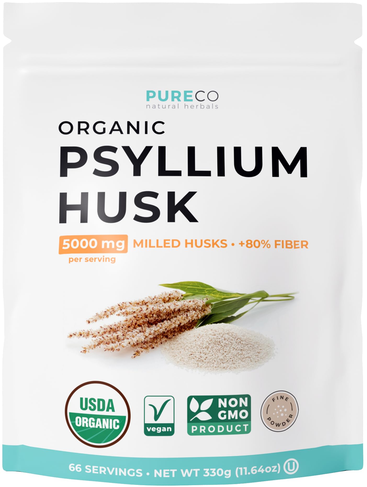 PURE CO Psyllium Husk Powder Organic Certified, 11.64 oz
