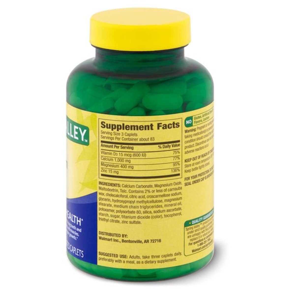 Spring Valley Calcium Magnesium and Zinc, Plus Vitamin D3 Caplets 250