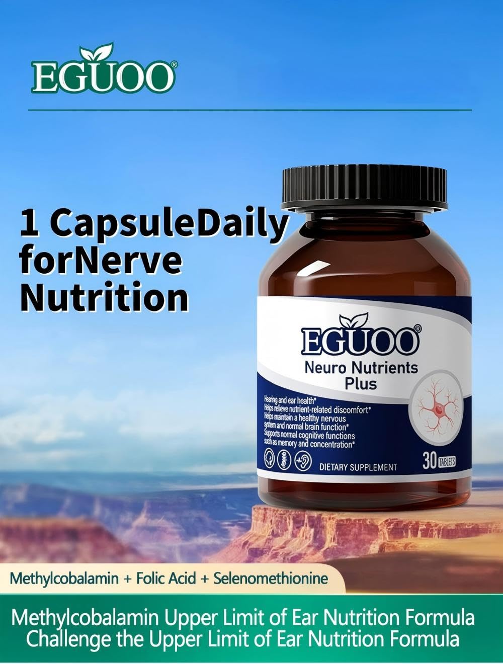 EGUOO Neuro Nutrients Plus – Vitamin B12 (Methylcobalamin) 5000mcg, Folate & Selenium – Dietary Supplement for Nervous System & Auditory Wellness, 30 Tablets