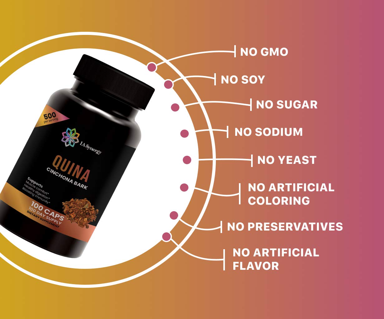 LA Synergy Quinine Quina 500mg Capsules, 100 Count