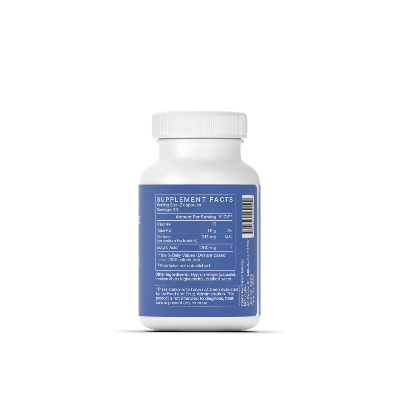 BodyBio Butyrate Postbiotic for Gut Health, Digestive Support - Leaky Gut Repair 60 Capsules
