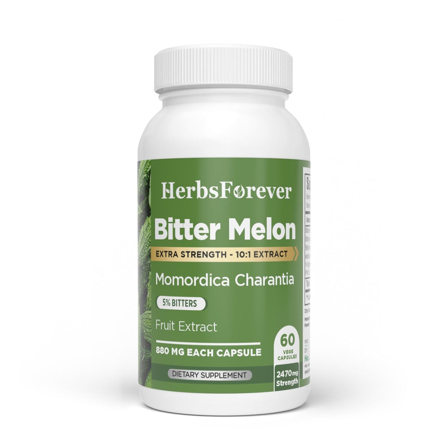 HerbsForever Bittermelon/Gourd Extra Strength 10:1 Extract, 4250 mg Fruit Powder Equivalent per Serving, 60 Capsules