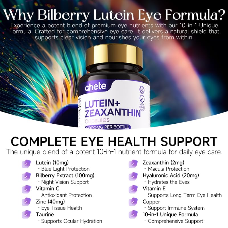 Ahete Lutein 10mg & Zeaxanthin 2mg Eye Vitamins with Bilberry 100mg, Vitamin C, E, Zinc – Advanced Eye Health Supplement for Vision Support, Blue Light Protection & Dry Eyes 60 Capsules
