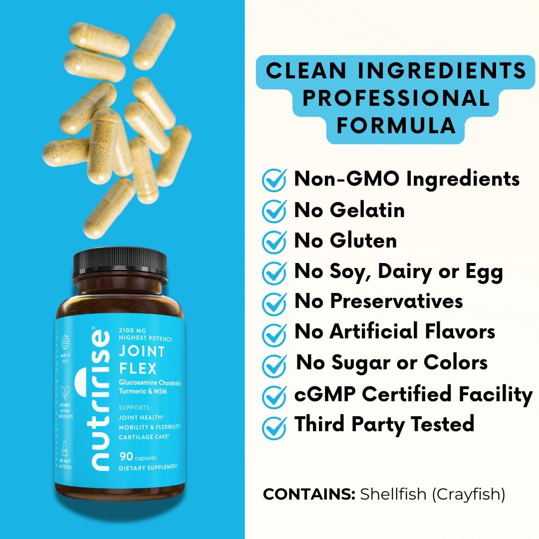 NutriRise Glucosamine Chondroitin Quercetin & MSM with Turmeric Curcumin 2100mg Triple Strength Joint Support Capsule, 90 Count