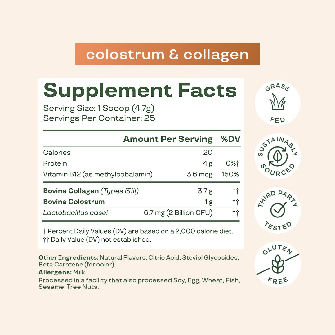 Bloom Nutrition Bovine Colostrum Powder with Vitamin B-12 for Gut Health, Immune Support, Hair Growth & Beauty Supplement | Orange Cream, 25 Servings, 4.23