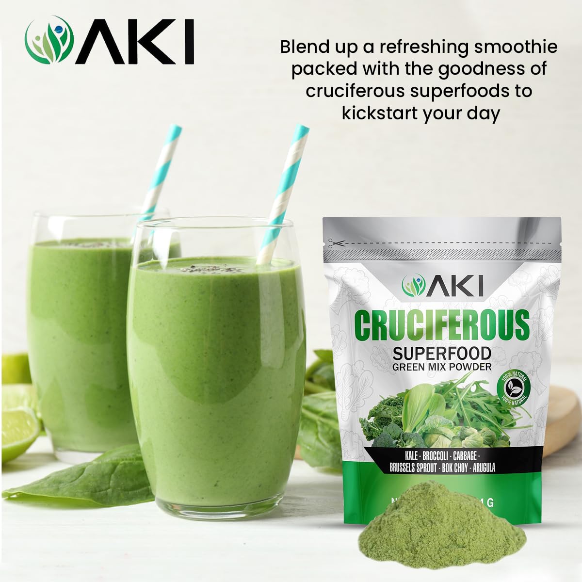 AKI ORGANIC Cruciferous Superfood Green Mix Powder, 16