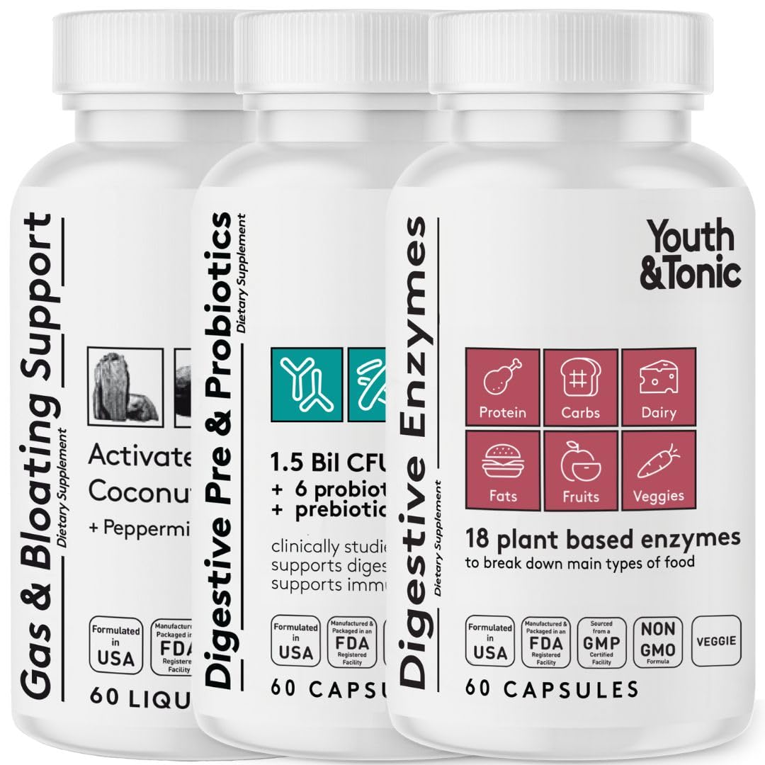 Youth & Tonic Digestion Stomach Support & Detox for Regularity, Gas & Bloating & Gut Health 180 Capsules