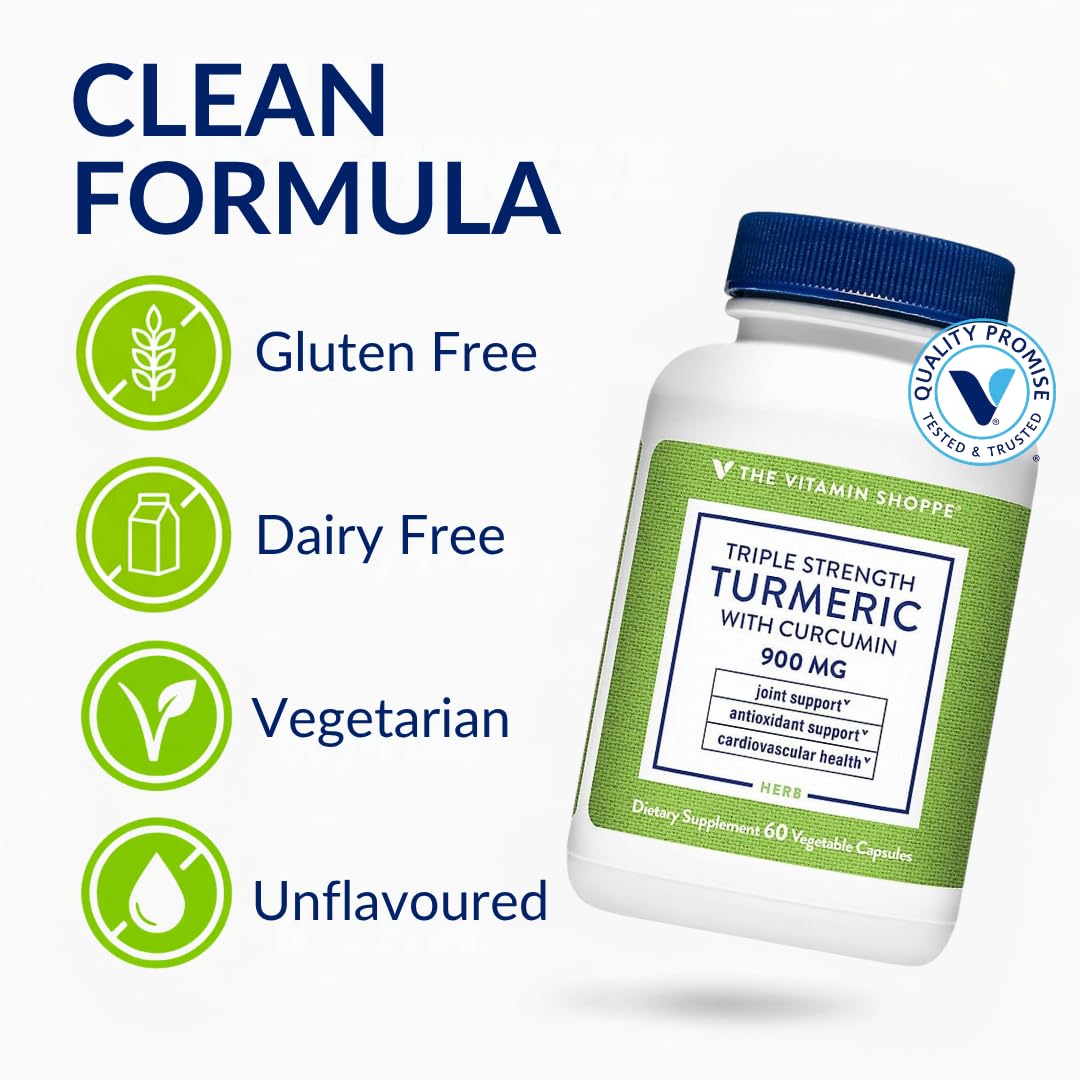 The Vitamin Shoppe Triple Strength Turmeric Supplement with Curcumin 900mg & BioPerine, Black Pepper Extract for Joint Mobility & Antioxidant Support 60 Capsules
