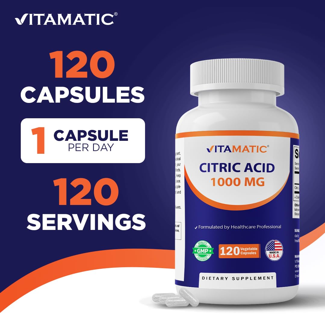 Vitamatic Citric Acid 1000 mg Vegetable Capsules, 120 Count, Non-GMO, Gluten Free, Made in USA