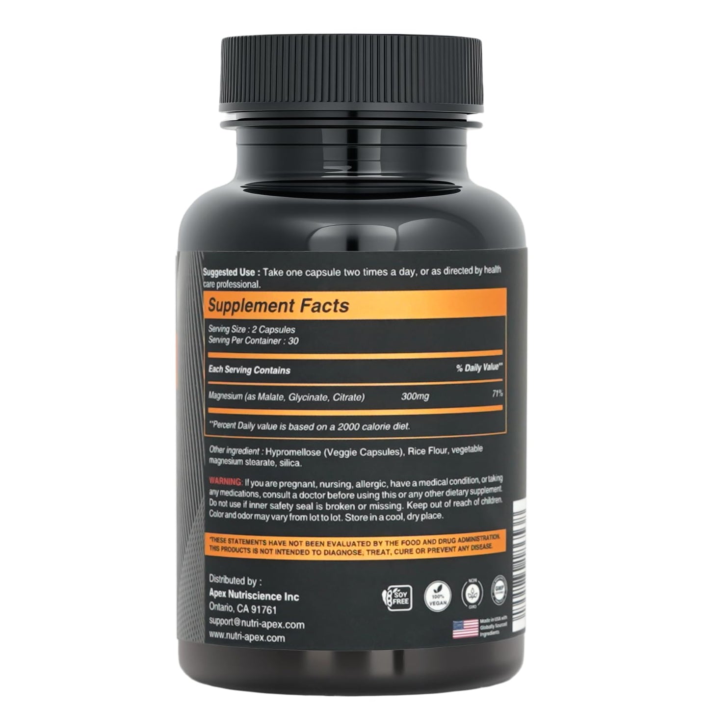 Nutri Apex Magnesium Triple Magnesium Complex 300mg (Glycinate, Malate & Citrate), 60 Veggie Capsules