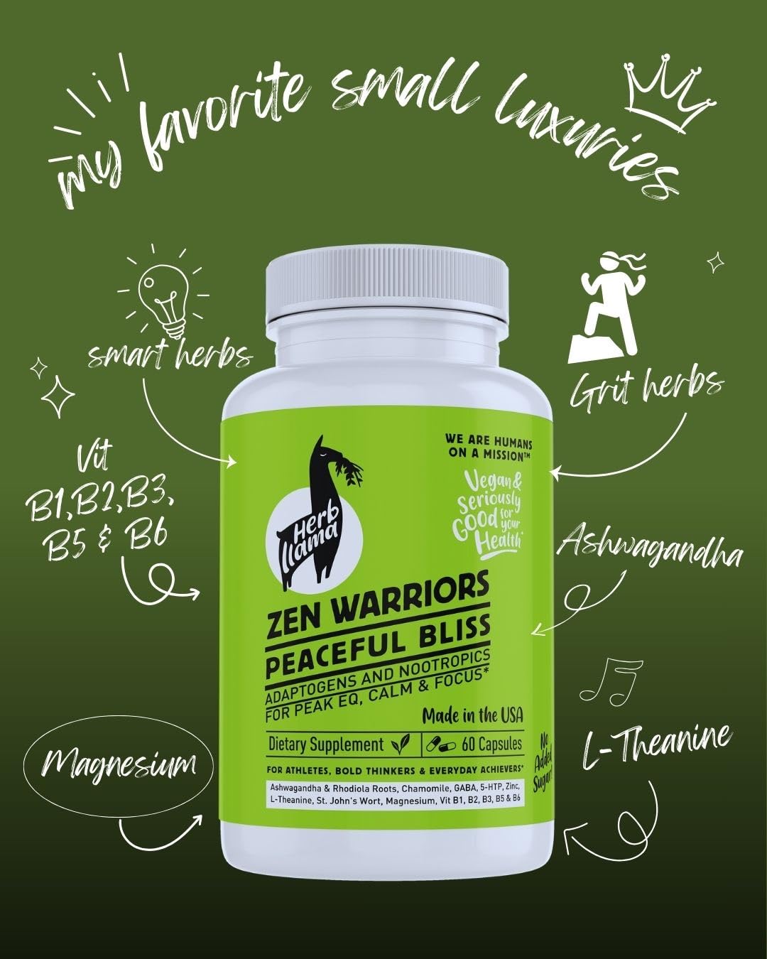 Herb Llama 19-Adaptogen+Nootropic ingredients Ashwagandha Rhodiola Magnesium L-Theanine Zen Warriors Capsules, 60 Count