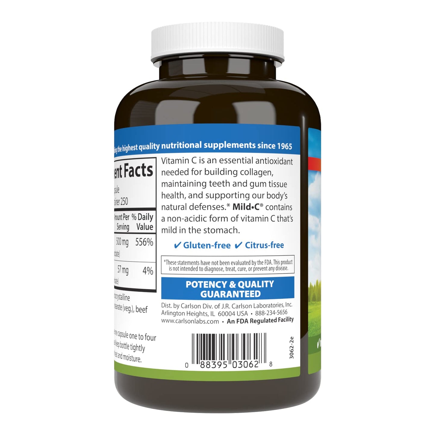 Carlson Mild-C 500 mg Buffered Vitamin C Capsule, 250 Capsules
