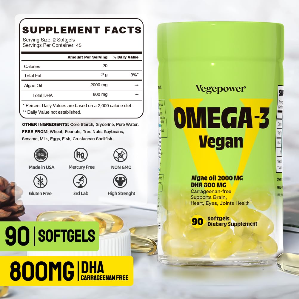 VEGEPOWER Vegan Omega-3 DHA Supplements Softgels 90 Count