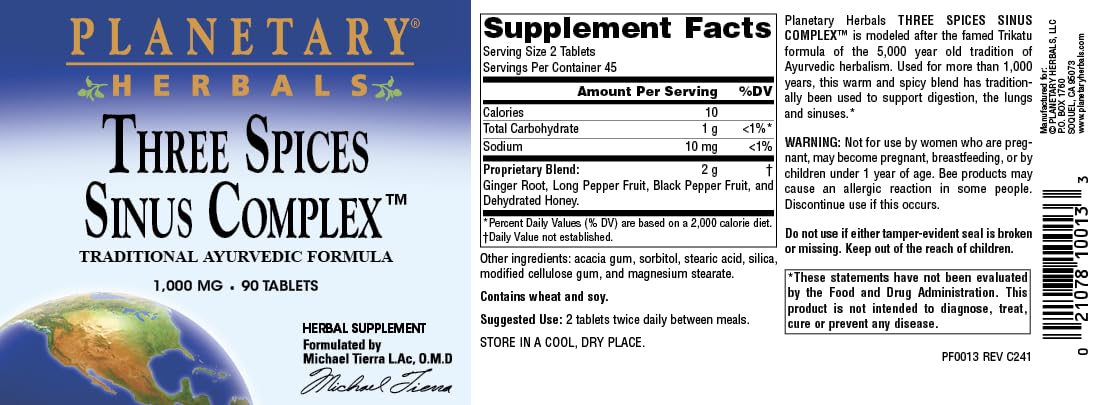 Planetary Herbals Three Spices Sinus Support Tablets, 90