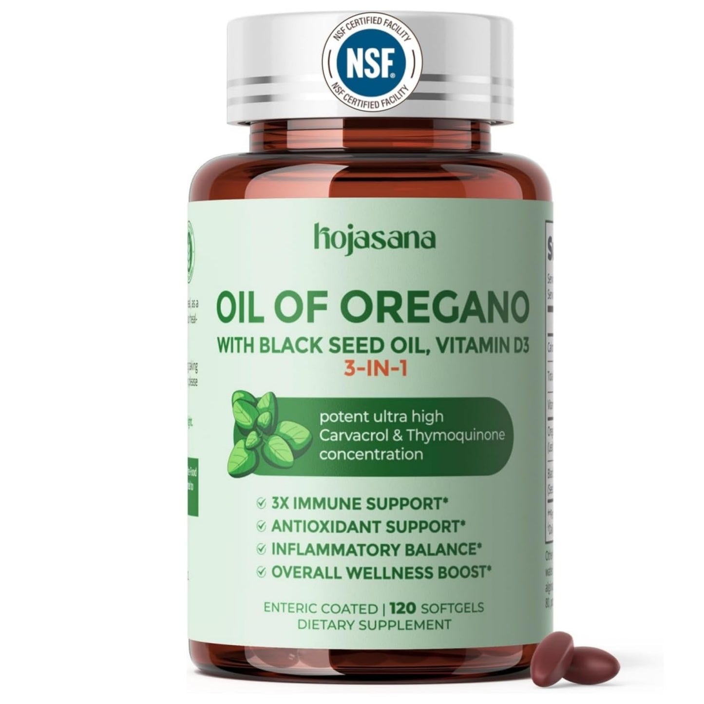HojaSana Oil of Oregano with Black Seed Oil & Vitamin D3 3-in-1 Immune & Digestive Support Softgels 120