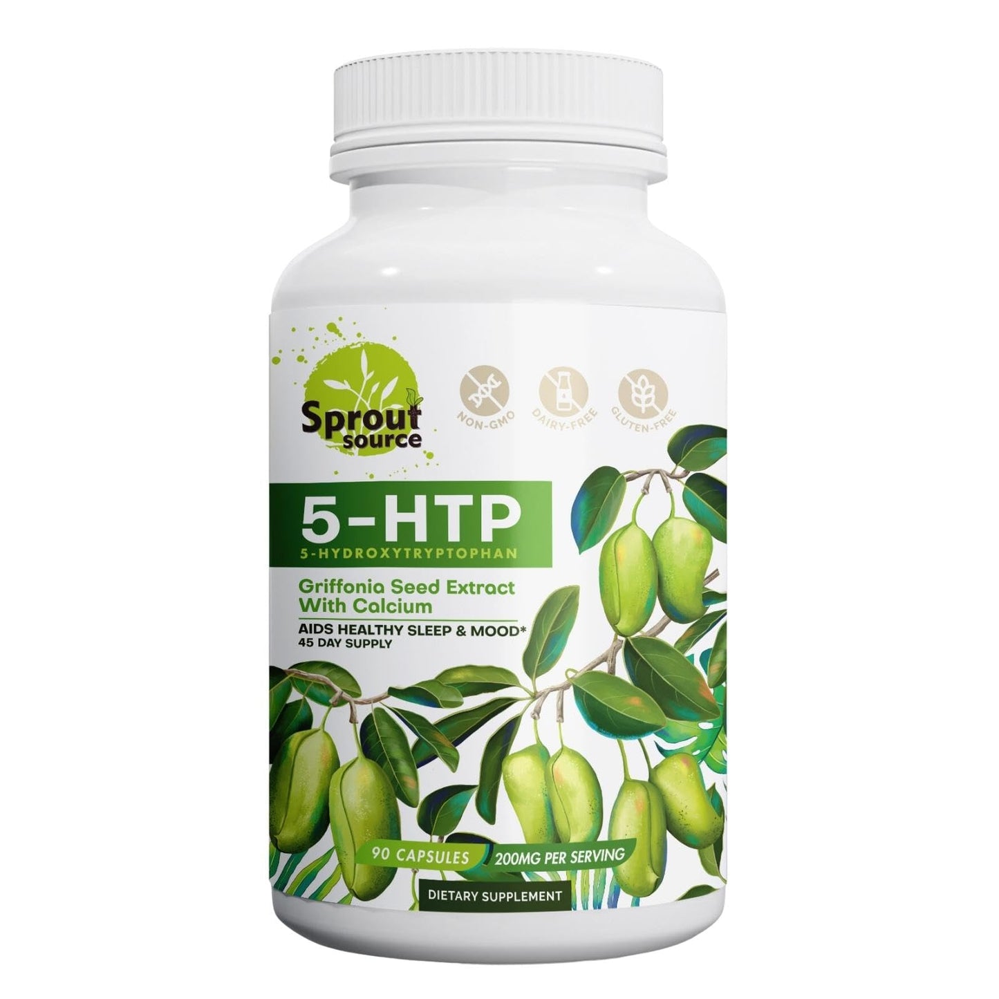 Sprout Source 5-HTP 200mg Capsules, Sleep & Mood Support with Calcium, 90 Count