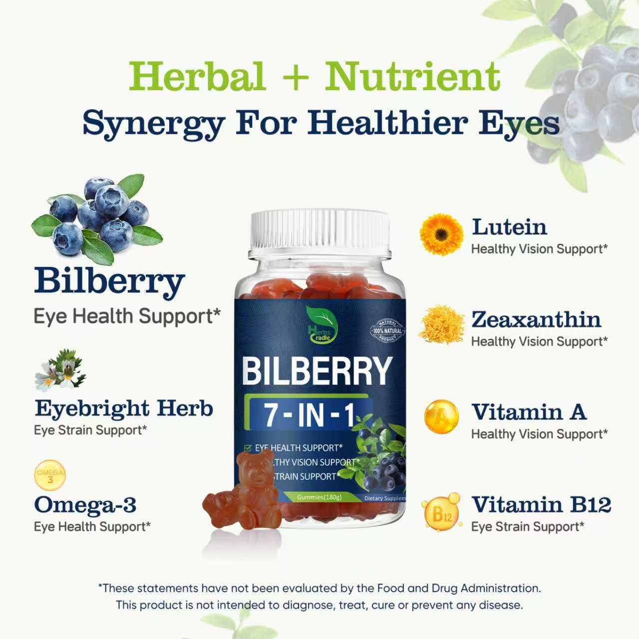 Herbscradle Bilberry Extract Gummies for Eye Health Support, 7-in-1 Herbal Supplement with Lutein & Zeaxanthin, 60 Count