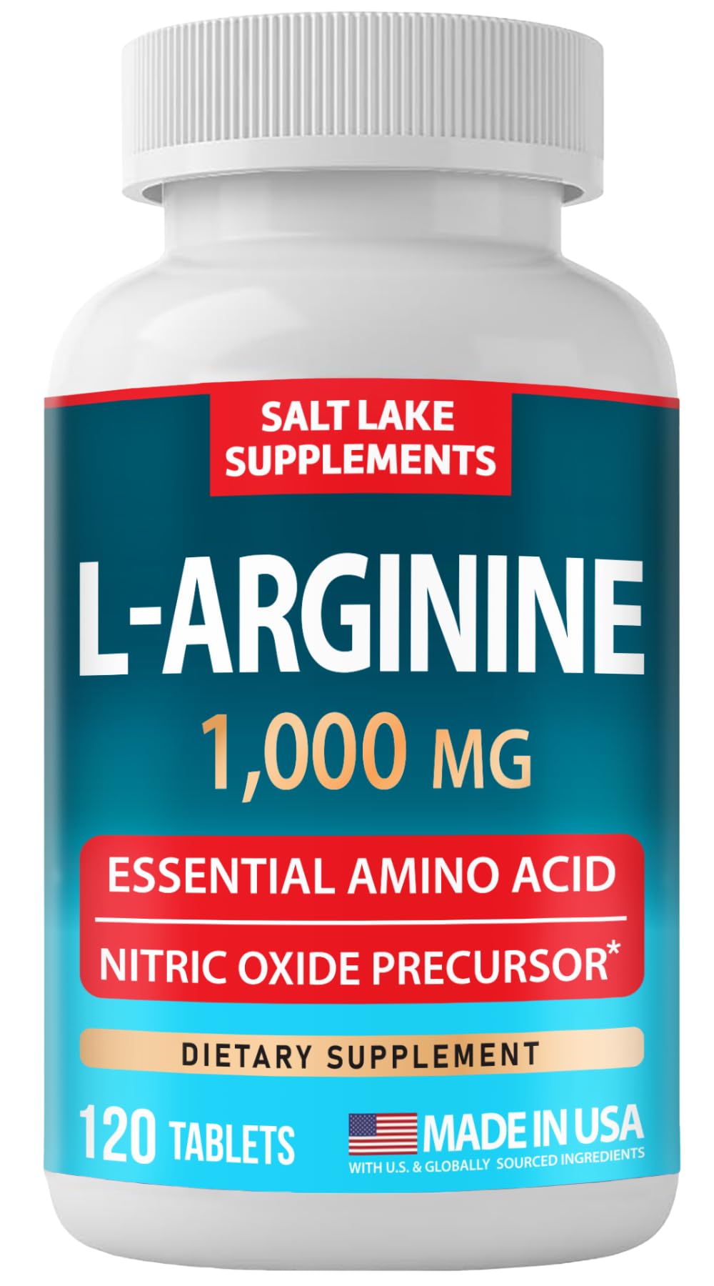 Salt Lake Supplements L Arginine 1000mg - Essential Amino Acid & Nitric Oxide Precursor Tablets, 120 Tablets
