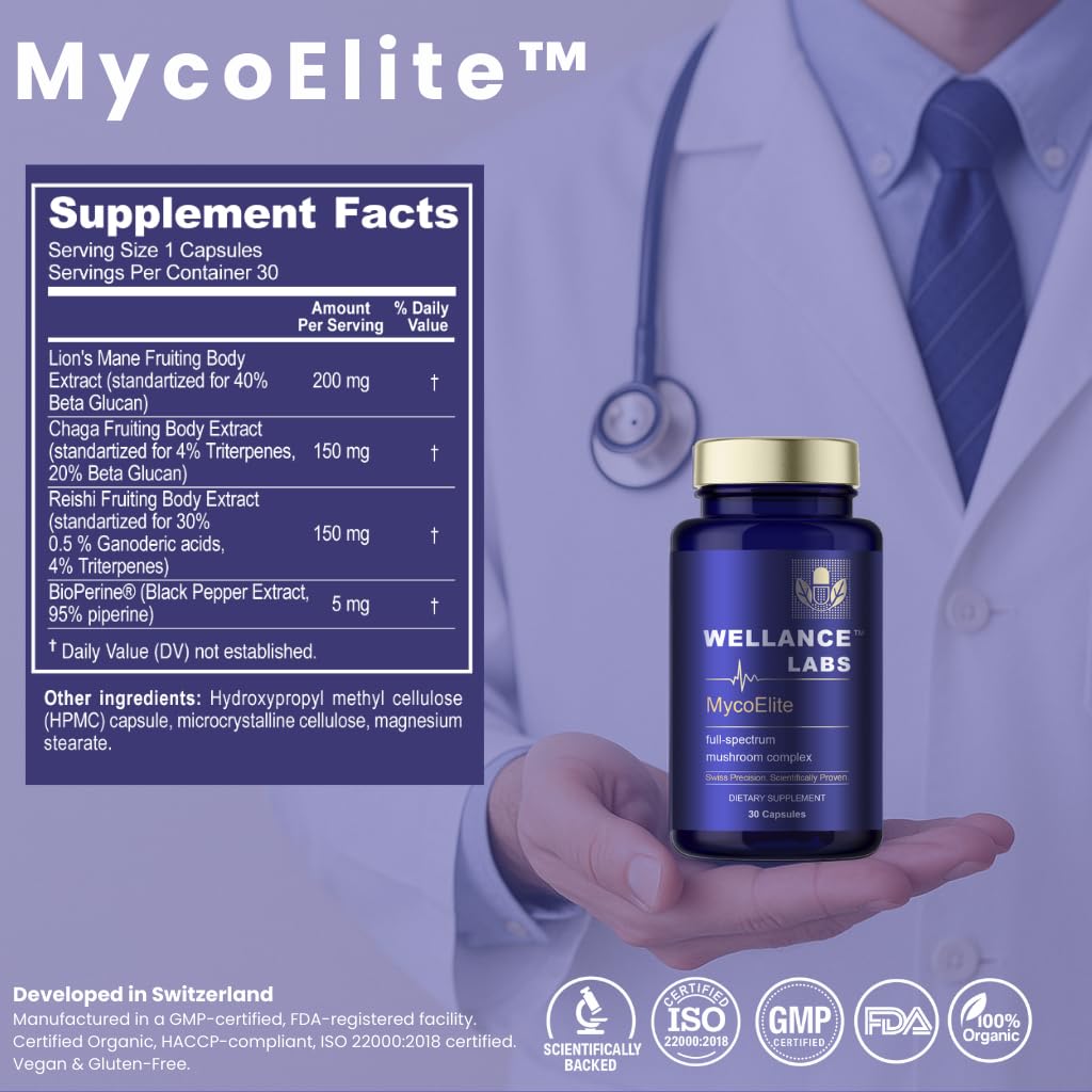 Wellance Labs MycoElite Full-Spectrum Mushroom Complex Lion's Mane, Chaga, Reishi Cognitive Support Capsules, 30 Count