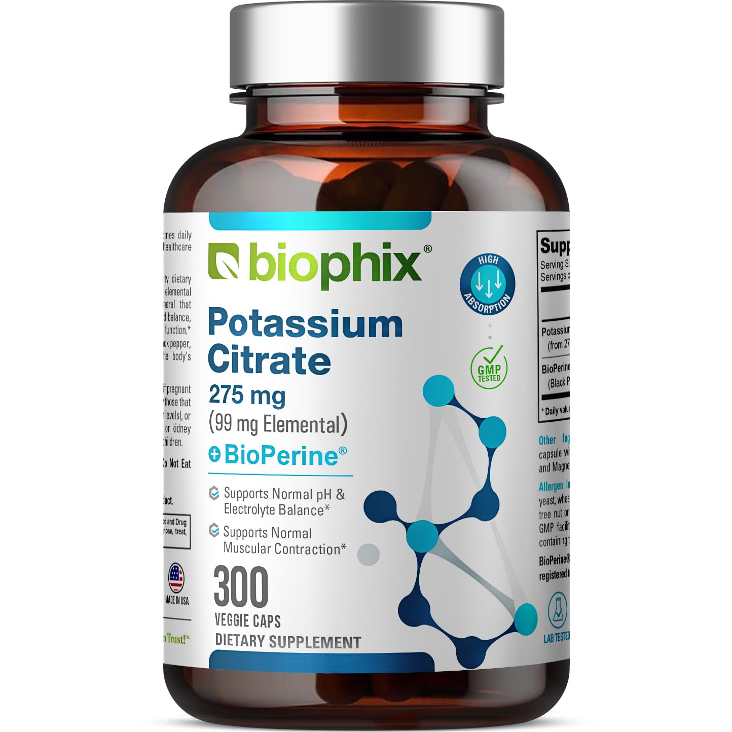 biophix Potassium Citrate 275 mg with BioPerine Veggie Capsules, 300 Count