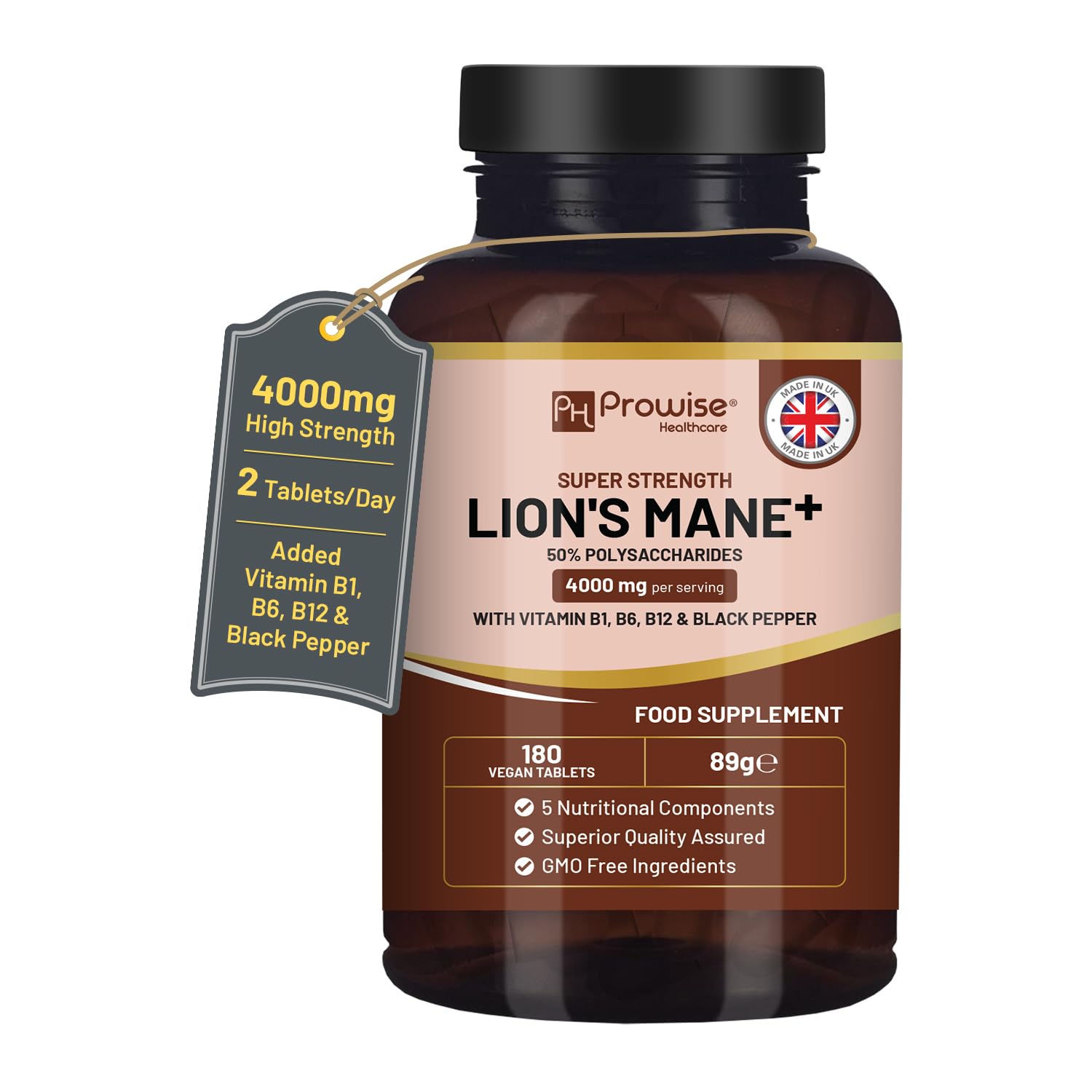 PH PROWISE Healthcare Lions Mane Mushroom Supplement 4000mg with Vitamin B1, B6, B12 & Black Pepper - 180 Super Strength Vegan Tablets with 50% Polysaccharides