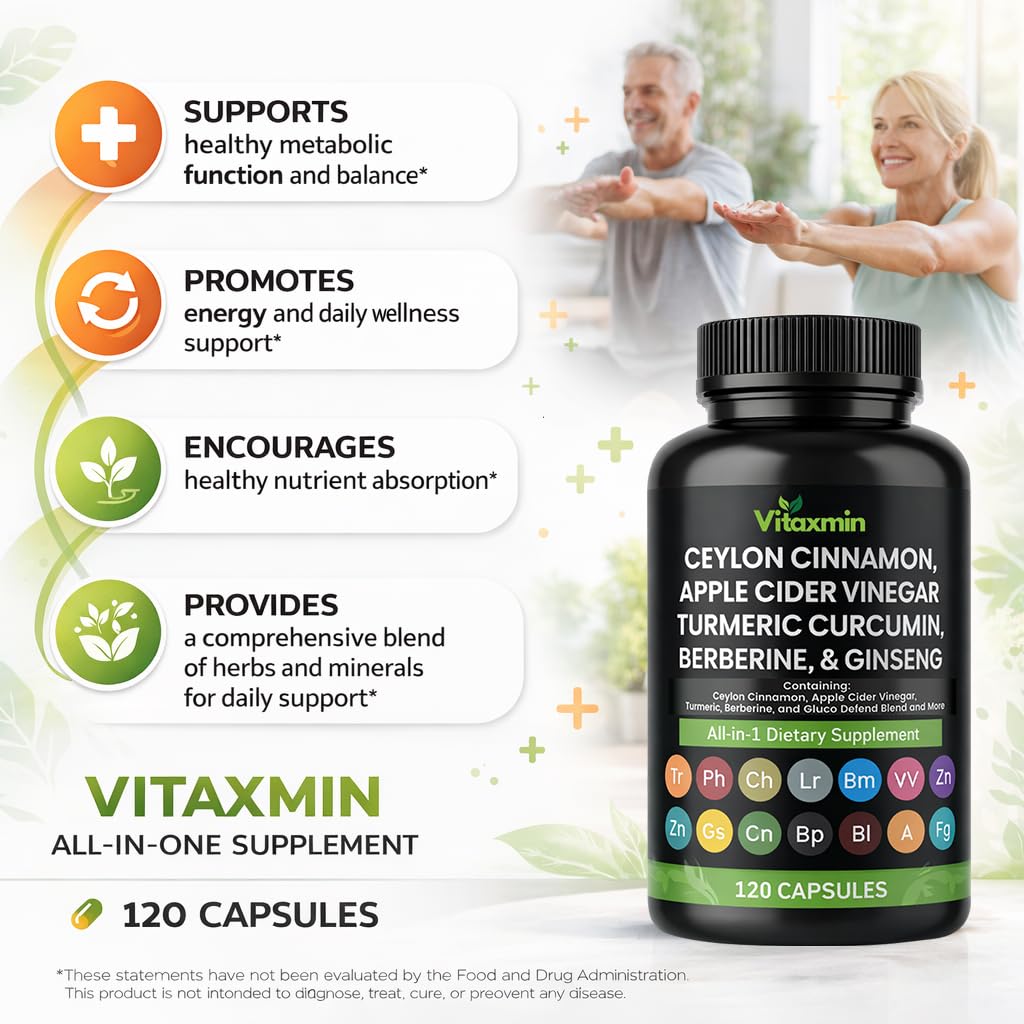 Vitaxmin Ceylon Cinnamon Capsules with Berberine, Apple Cider Vinegar, Turmeric Curcumin, Chromium, Gymnema Sylvestre, Ginseng Daily Wellness Supplement, 120 Capsules