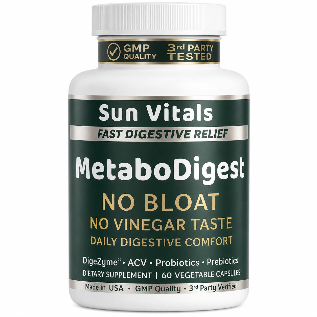 Sun Vitals MetaboDigest – ACV Apple Cider Vinegar Capsules with Digestive Enzymes, Prebiotic Fiber & Probiotic | Digestive Health & Bloating Relief | Gut Balance for Women & Men, 60 Capsules