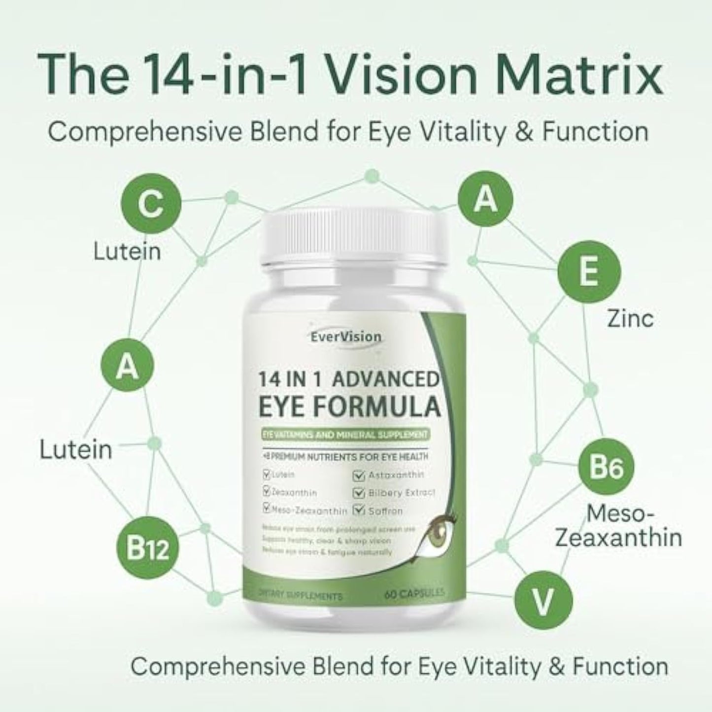 EVERVISION 14 in 1 Advanced Eye Formula Eye Vitamin and Mineral Supplement with Lutein, Zinc, Zeaxanthin & Bilberry Extract for Vision Care, Capsule, 60 Capsules
