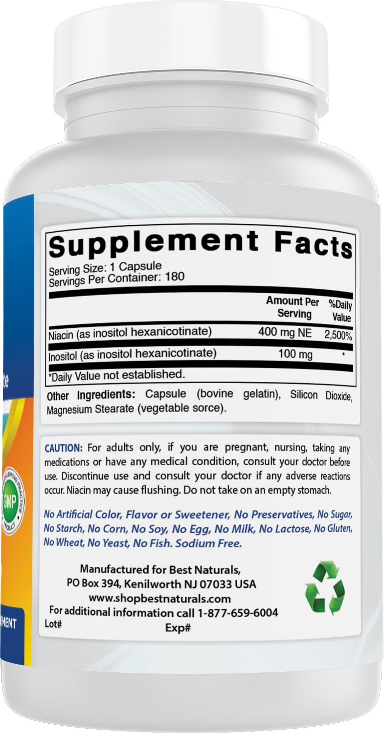 Best Naturals Flush-Free Niacin Inositol Hexanicotinate 500 mg Capsules, 180 Count