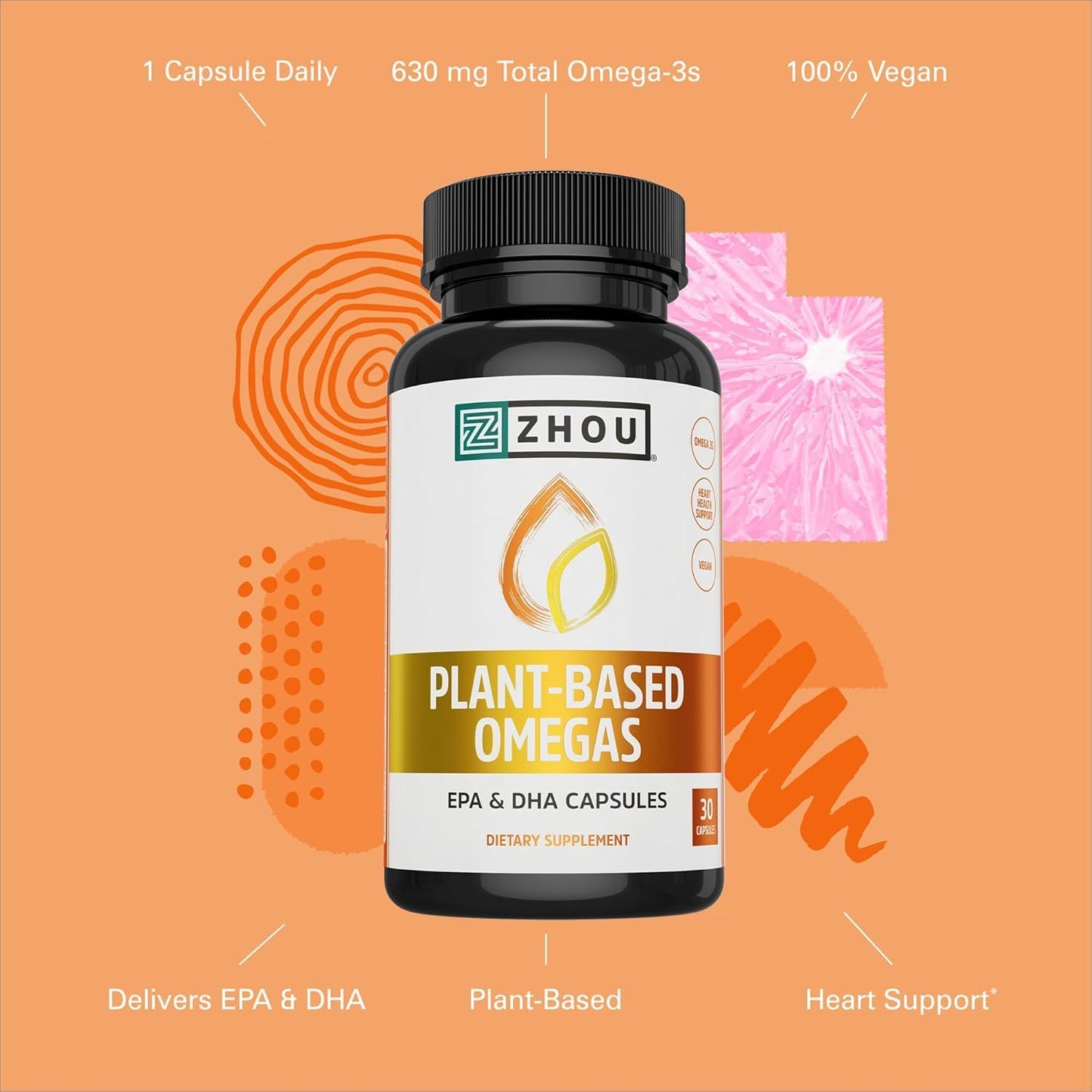 ZHOU Plant-Based Omegas - Vegan Omega 3 Supplement, 30 Vegetarian Capsules