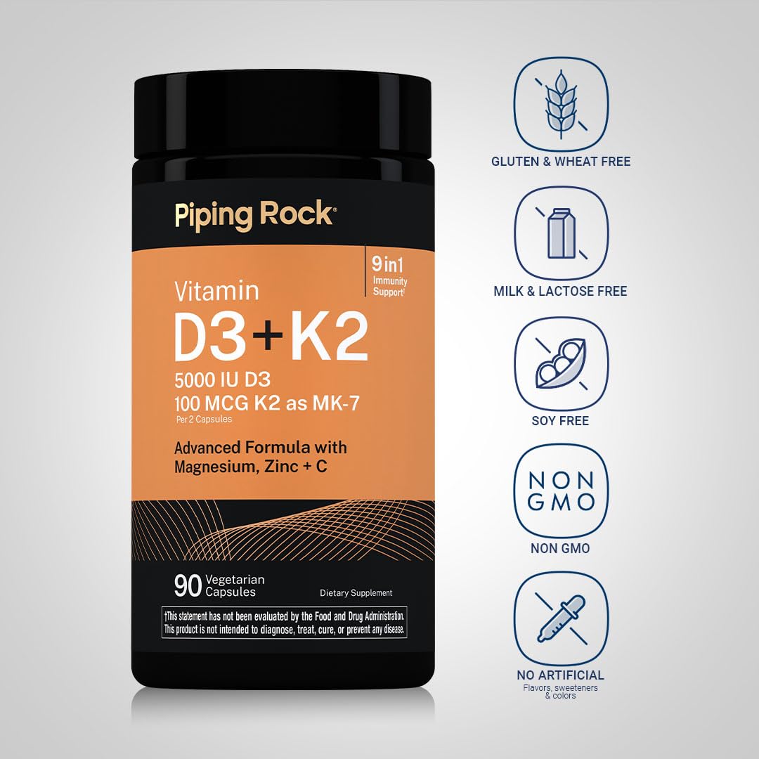 Piping Rock Vitamin D3 K2 5000 IU Capsules, 90 Count
