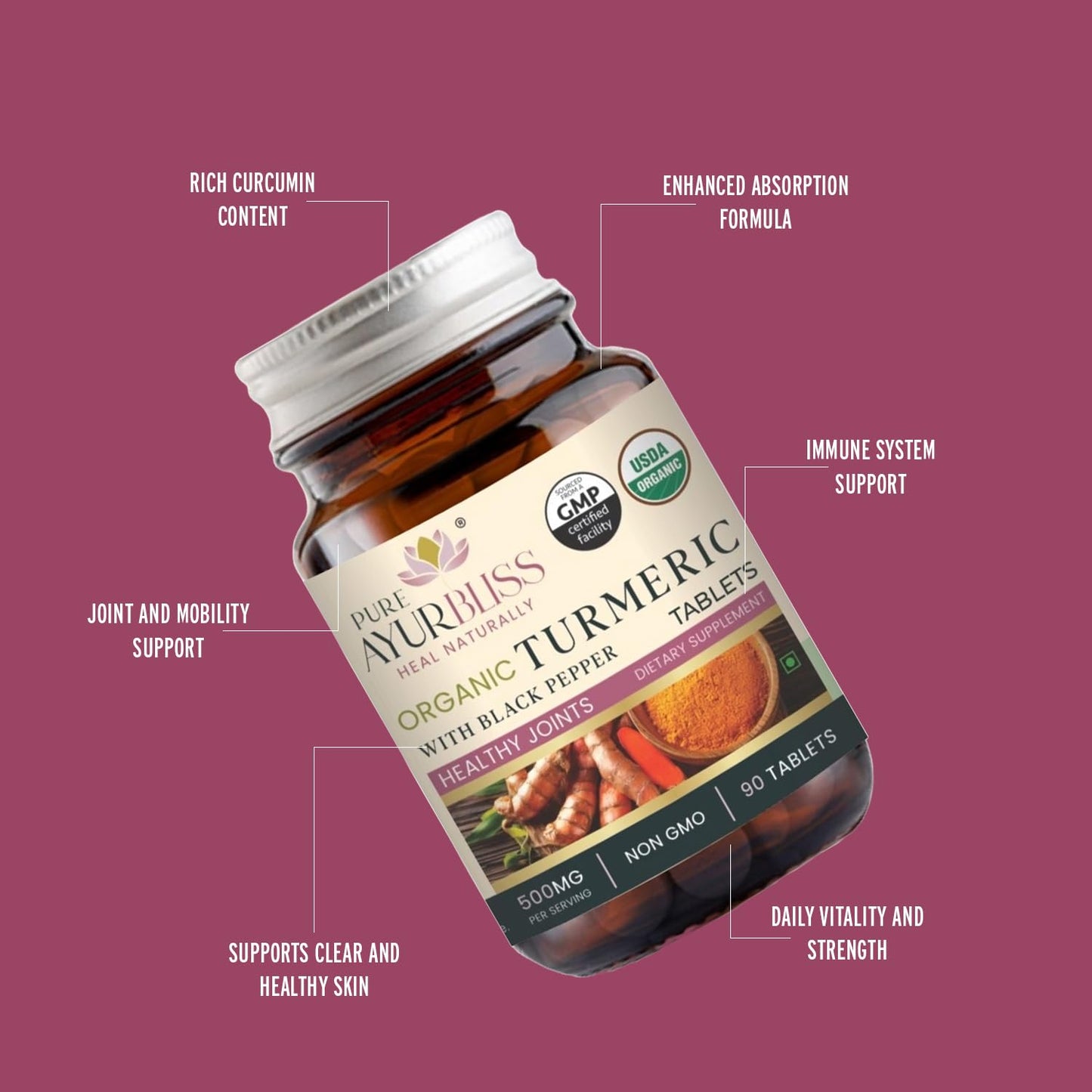 PureAyurbliss Organic Turmeric Tablets with Black Pepper 90 Tablets