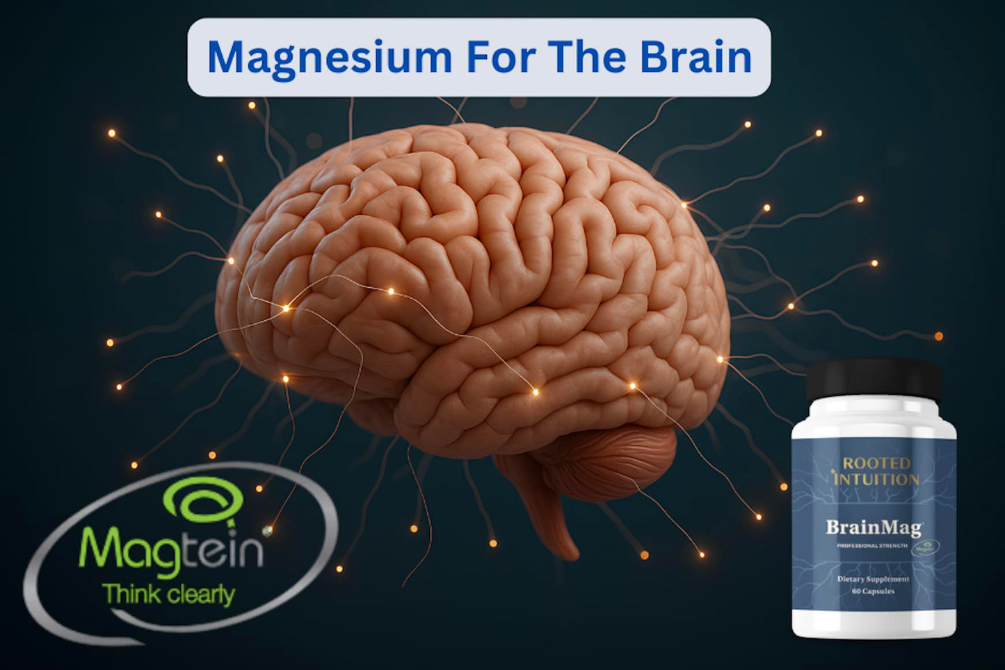 Rooted Intuition Brain Mag Plus Magnesium L-Threonate, Methylcobalamin & Theacrine for Clear Focus, Mental Energy & Motivation, 60 Capsules