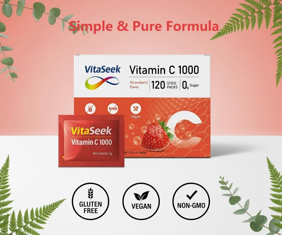 VitaSeek Vitamin C Powder Packets 1000mg Strawberry Flavor, 120 Packets