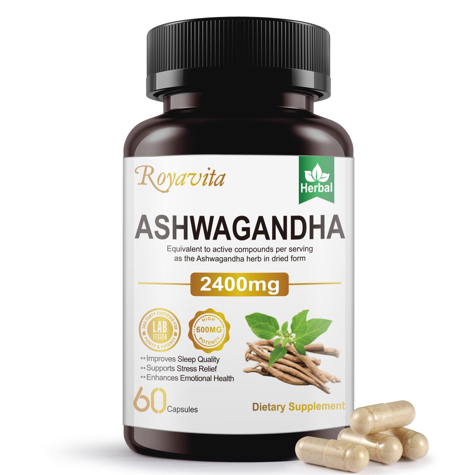 Royavita Ashwagandha Capsules 2400mg Organic with Black Pepper Vitamin B12 & B6 for Max Absorption, Stress Relief & Athletic Performance, 60 Capsules