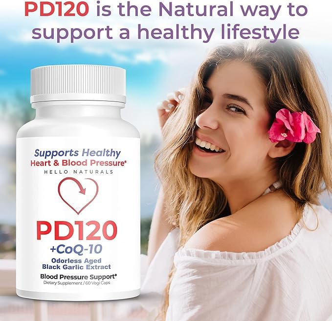 PD120 Natural Blood Pressure Support Supplement: 8-in-1 Formula With Black Odorless Garlic, High-absorption CoQ10, 180 Capsules