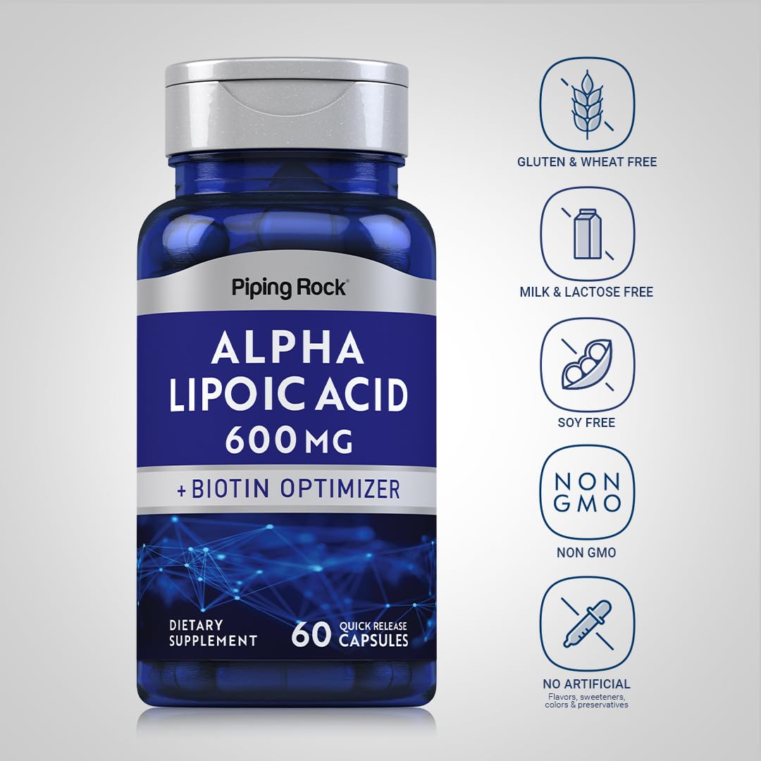 Piping Rock Alpha Lipoic Acid 600mg ALA with Biotin Optimizer Capsules 60 Count