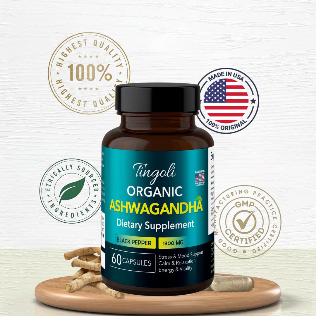 TINGOLI Organic Ashwagandha 1300mg, 60 Capsules