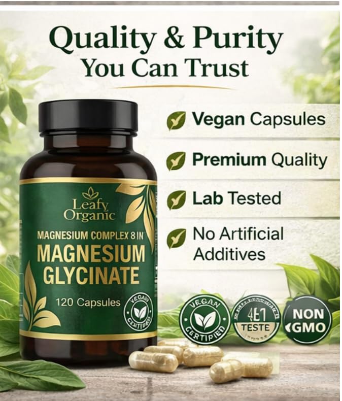Leafy Organic Magnesium Glycinate 8 in 1 Complex Supplement Capsules 120 Count
