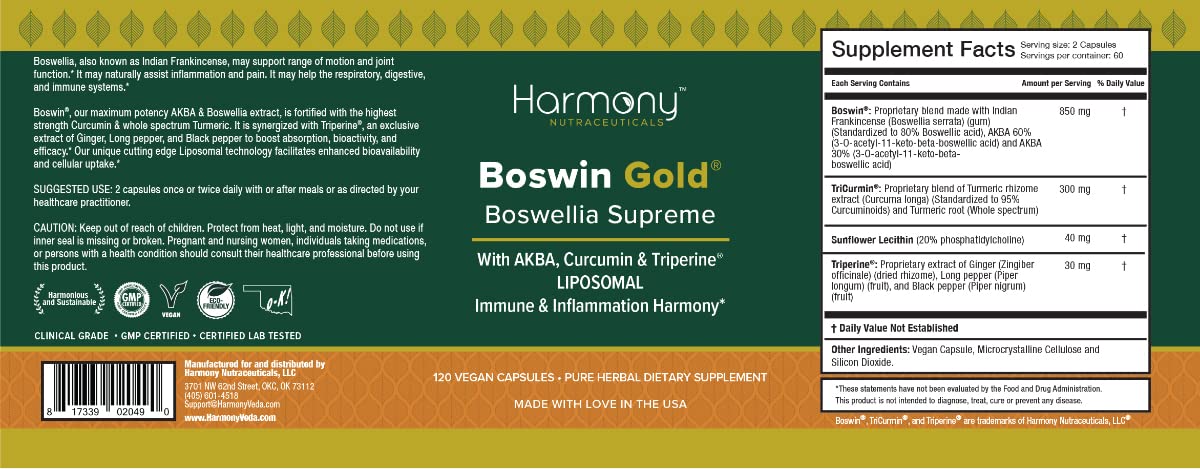 Harmony Nutraceuticals Boswin Gold Liposomal Caplets 120 Count