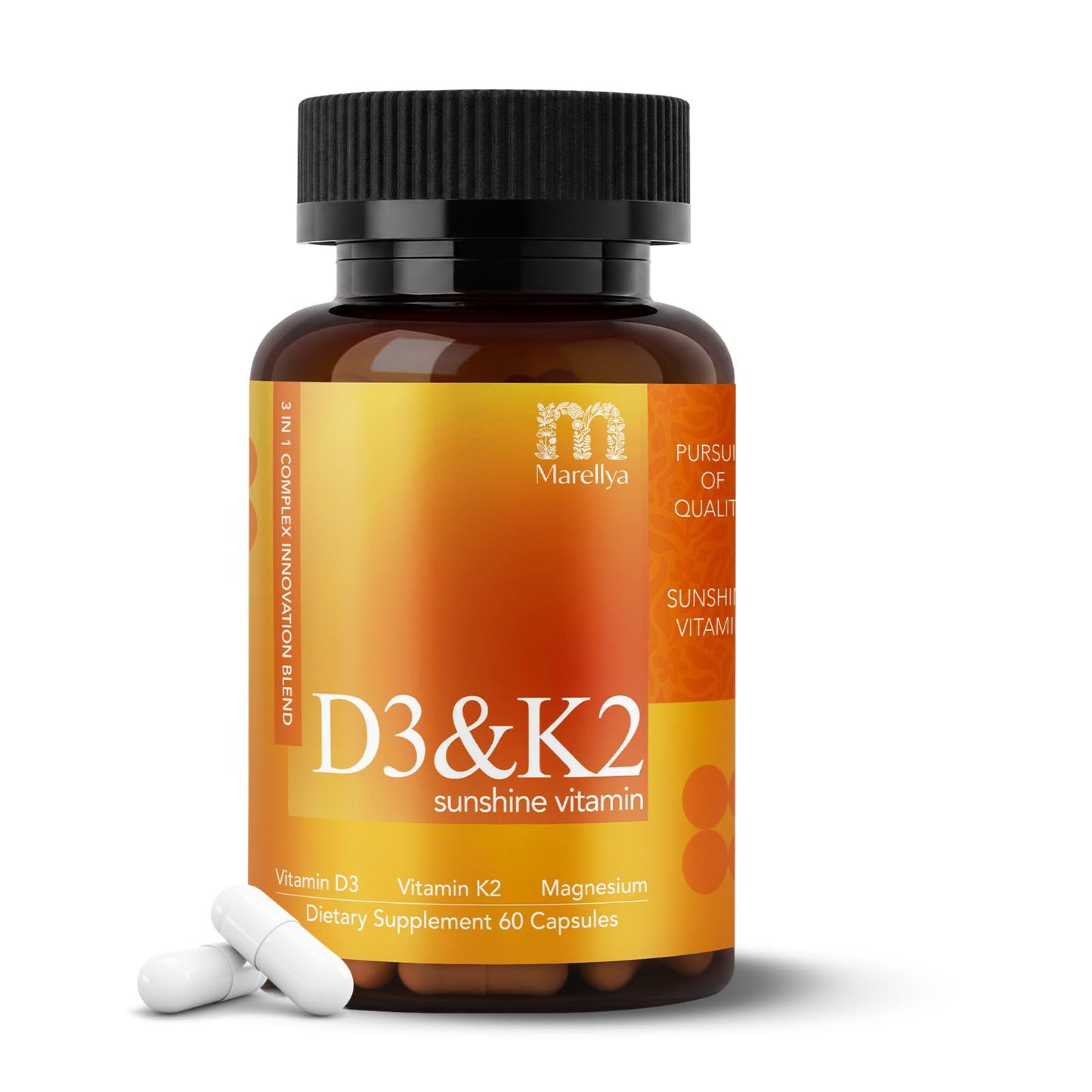 Marellya Vitamin D3 K2 Supplement with Magnesium Glycinate – 3-in-1 High Absorption Formula 4000 IU D3 & 100mcg K2 (MK-7) – Supports Bone, Heart & Immune Health – 60 Capsules
