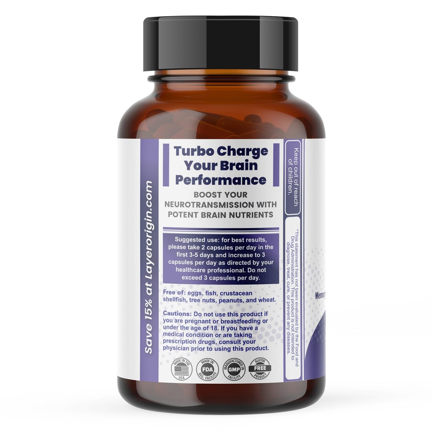 Layer Origin Brain Performance with HMO 3'SL, 6'SL Brain Prebiotics, Phosphatidylserine for Memory, Focus & Clarity Capsule, 60 Count