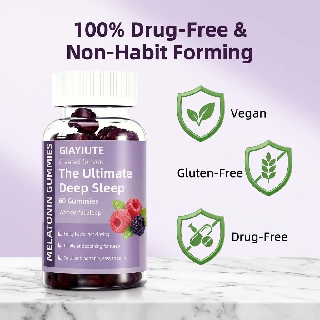Giayiute Melatonin 4mg Gummies with L-Theanine, GABA, Lemon Balm & Magnesium – Deep Sleep Support, Vegan Gluten Free Chewable Sleep Gummy for Adults, Jet Lag Relief, 120 Gummies
